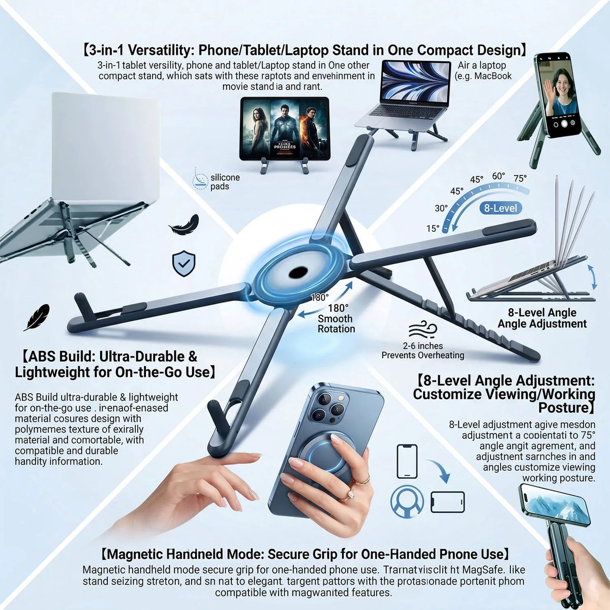 A tripod-style foldable magnetic laptop stand shown with various accessories and usage examples.