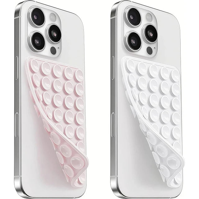 A white silicone suction cup phone mount with a double-sided grip shown in two views.