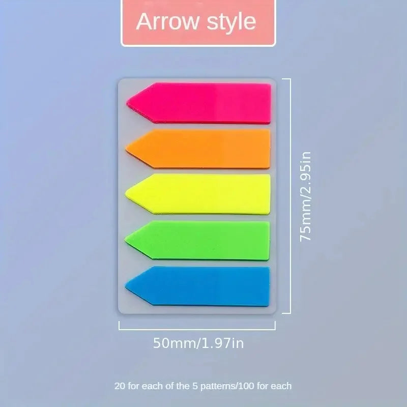 A set of five fluorescent colored arrow style sticky notes with index tabs in pink, orange, yellow, green, and blue.