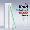 Green iPad stylus pencil with charging cable shown next to a white case for iPad