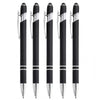 A set of four black metal 2-in-1 stylus pens with ballpoint ink shown vertically.