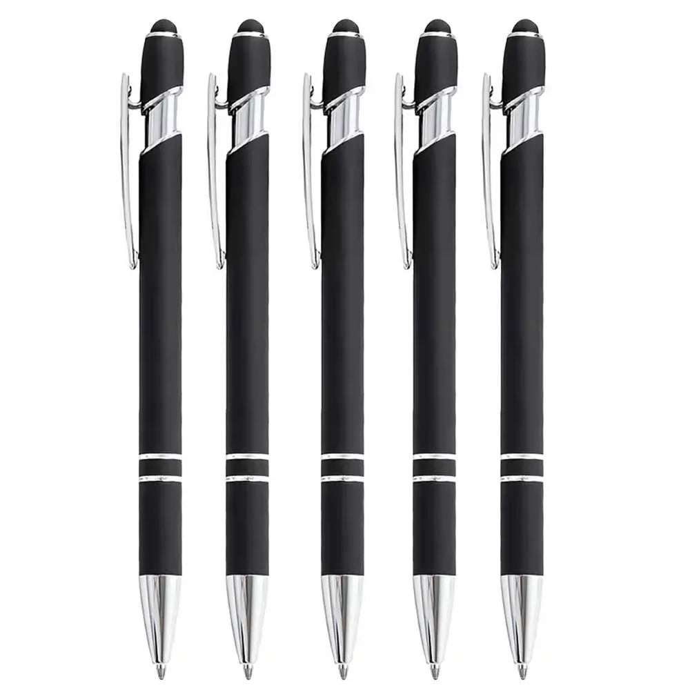 A set of four black metal 2-in-1 stylus pens with ballpoint ink shown vertically.