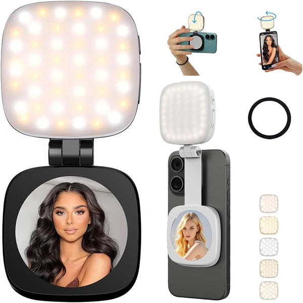 A ring light device is shown with a phone mount and an LED light illuminating a woman's face.