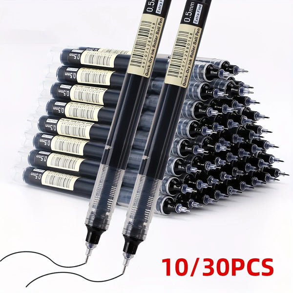 A set of ten black Quick-Drying Gel Pens is displayed diagonally on a white background.