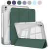 A crystal clear protective case for an Apple iPad shown with a matching dark green folio cover and color options.