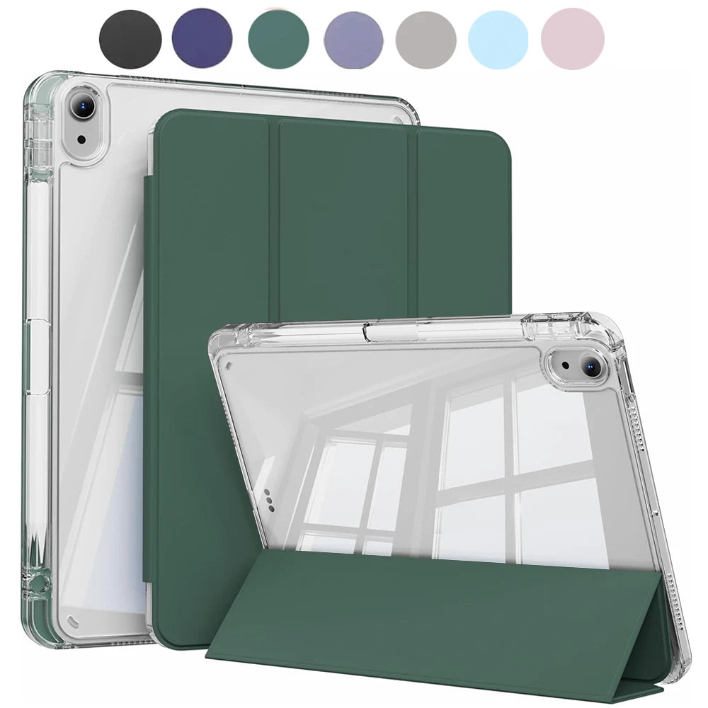A crystal clear protective case for an Apple iPad shown with a matching dark green folio cover and color options.