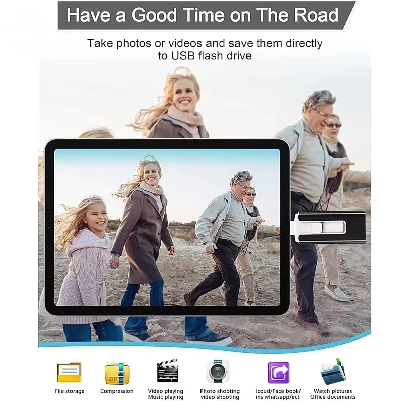 A 4-in-1 USB 3.0 flash drive is shown with various accessories for file storage, compression, and video playback.