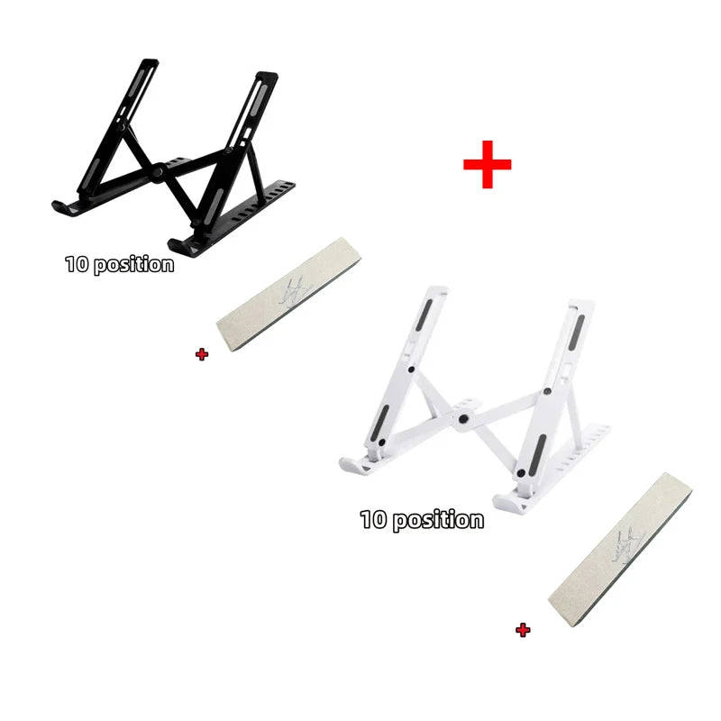 A set of foldable adjustable laptop stands in black and white, showing various folding positions.