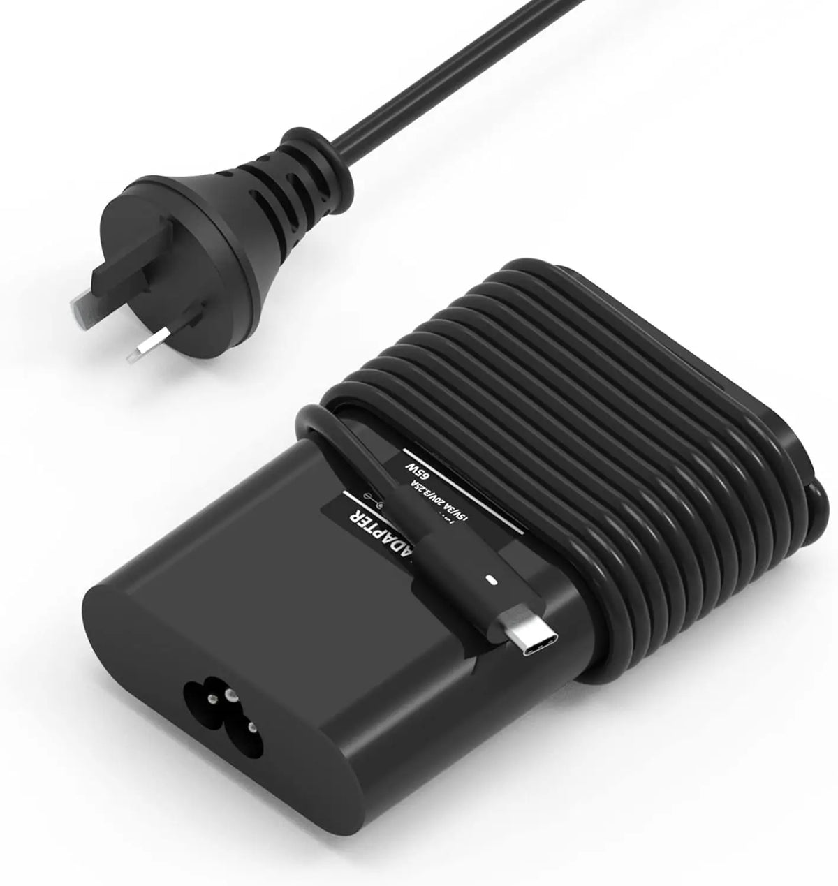 Adaptador de corriente USB Tipo-C negro de 65W para portátil con cable desmontable.
