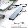 A blue USB-C hub connects an iPad to a computer, turning the tablet into a computer with mouse operation.