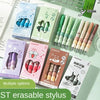 A collection of various colored and packaged erasable gel pens with soft grips displayed on a white surface.