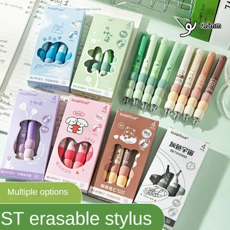 A collection of various colored and packaged erasable gel pens with soft grips displayed on a white surface.