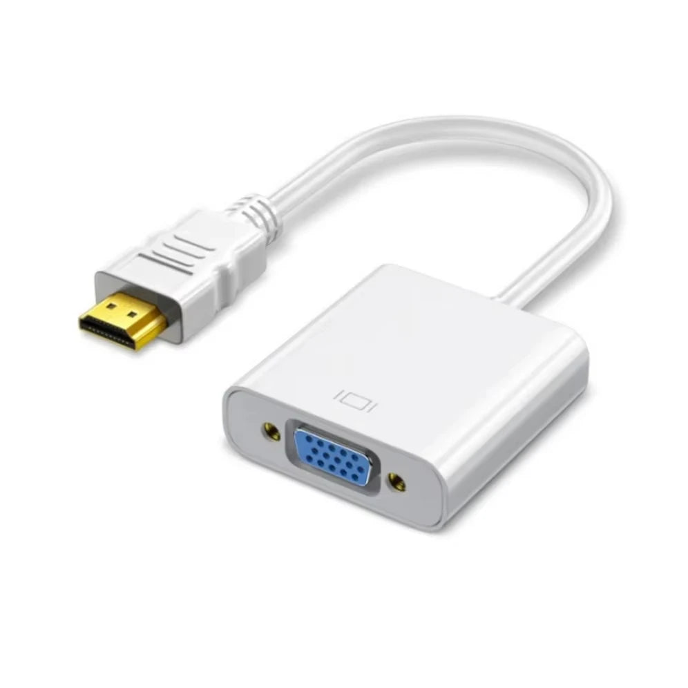 White HDMI to VGA adapter cable with a yellow connector and a white housing.