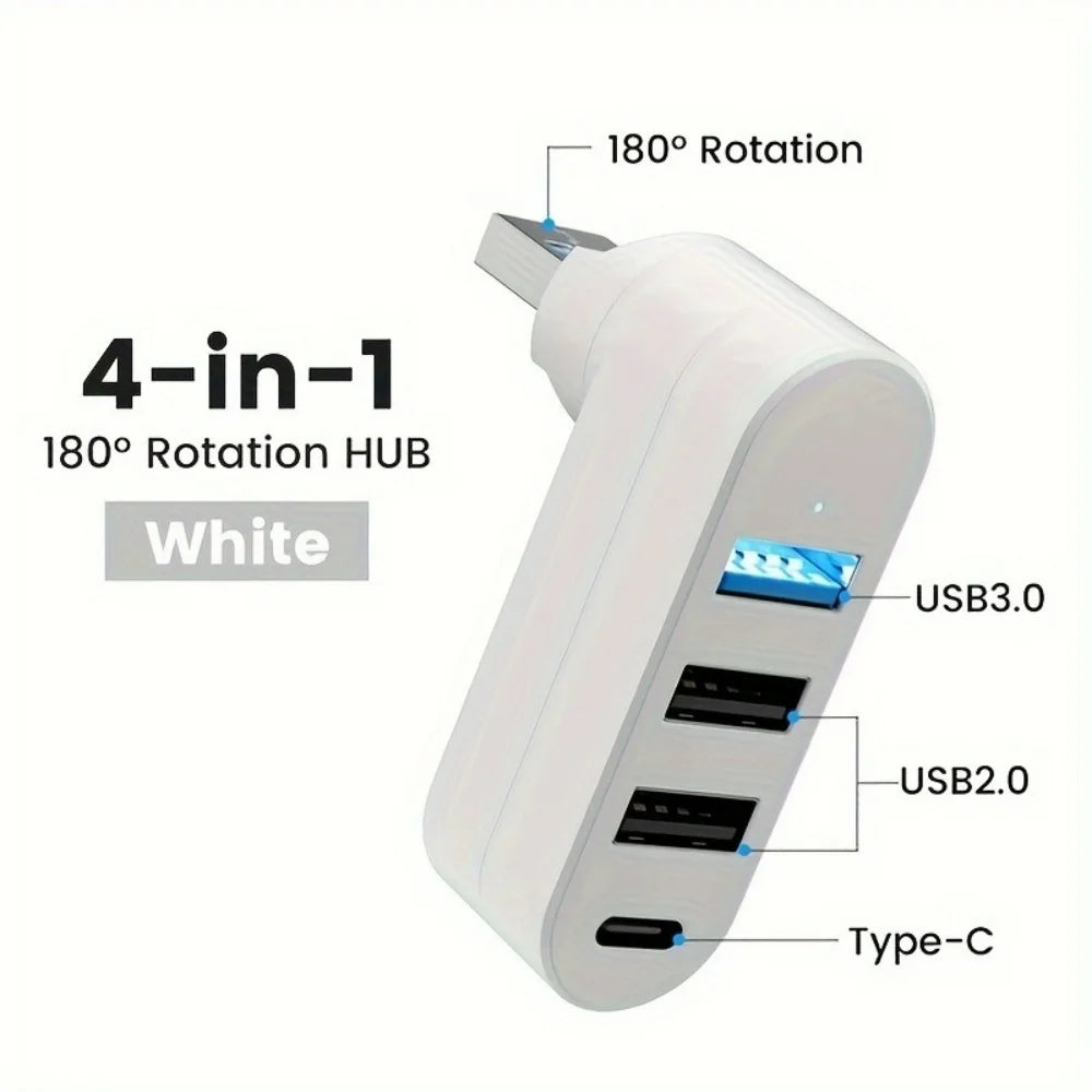 White 4-in-1 USB Hub with 180° rotation featuring USB 3.0, USB 2.0, and Type-C ports.