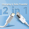 A white USB-A to Lightning fast charging cable is shown next to its connector, illustrating charging and data transfer.