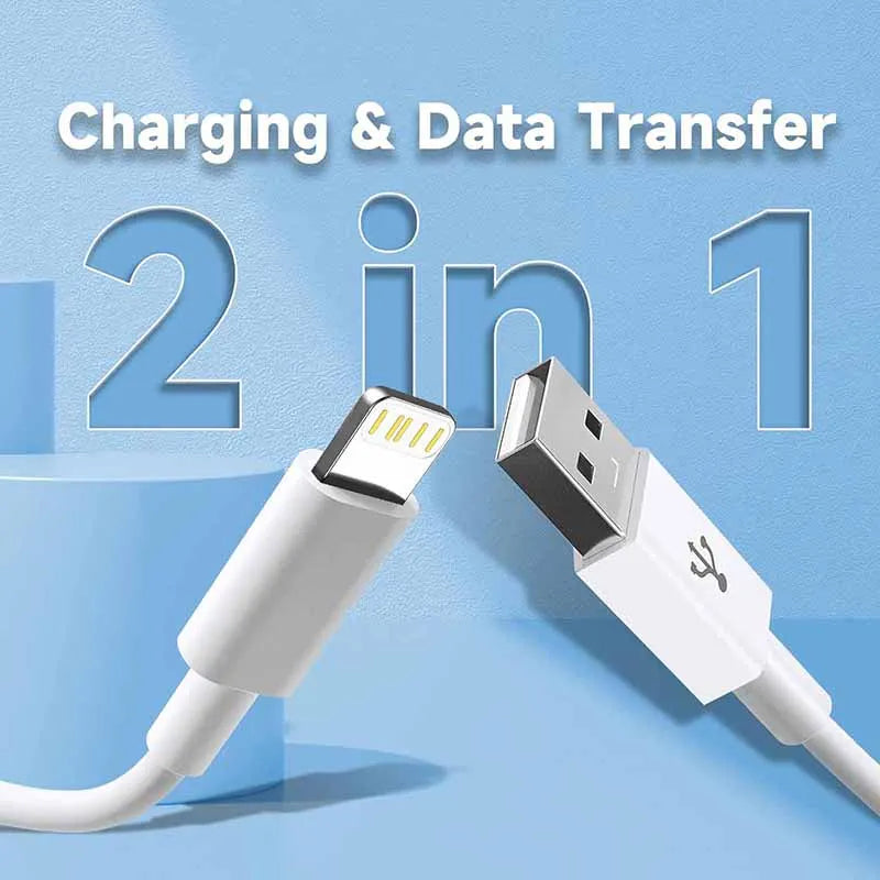 A white USB-A to Lightning fast charging cable is shown next to its connector, illustrating charging and data transfer.