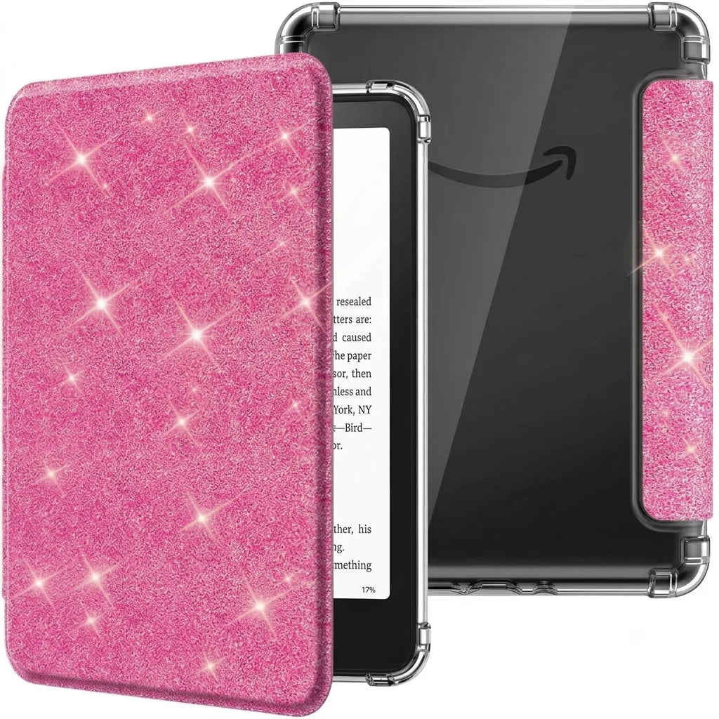 A pink glitter slim case for a Kindle Paperwhite device is shown next to the device.