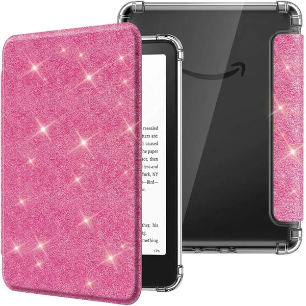 A pink glitter slim case for a Kindle Paperwhite device is shown next to the device.
