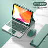 Un clavier et une souris Bluetooth détachables vert foncé pour iPad, sur une surface blanche.