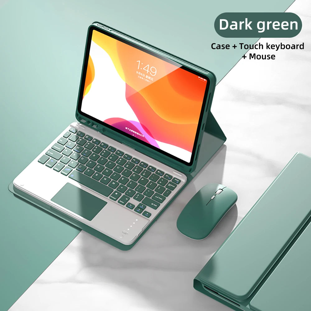 Un clavier et une souris Bluetooth détachables vert foncé pour iPad, sur une surface blanche.