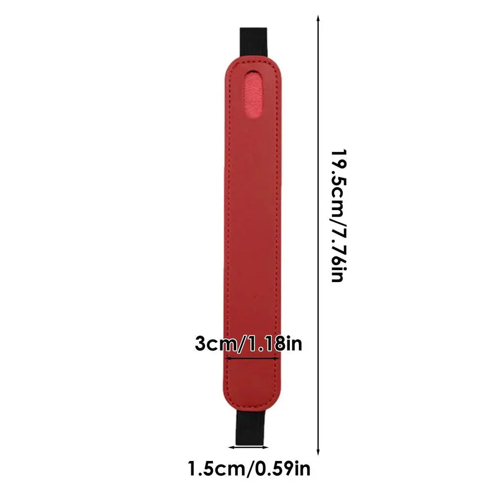 A vertical view of a red leather protective case for tablet stylus pens, showing its dimensions.