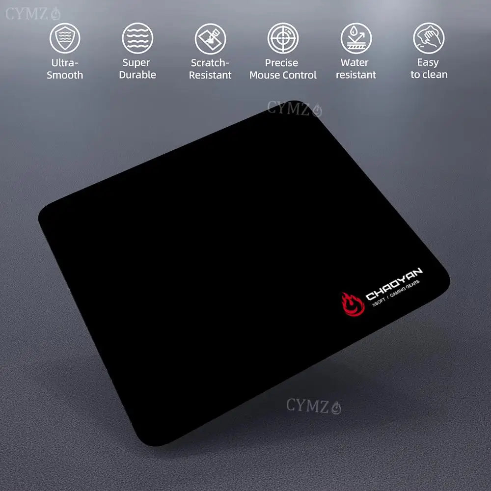 A black aesthetic gaming mouse pad featuring various durability and control features.
