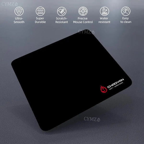 A black aesthetic gaming mouse pad featuring various durability and control features.