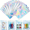 A collection of 40 holographic rainbow pattern sealing bags containing various craft items like beads and glitter.