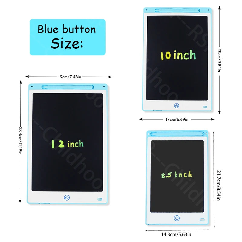 Blauer LCD-Zeichen-Tablet für Kinder, zeigt verschiedene Bildschirmgrößen wie 10 Zoll und 2 Zoll.