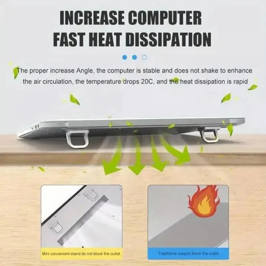 A laptop keyboard riser stand is shown with arrows indicating improved heat dissipation and stability.