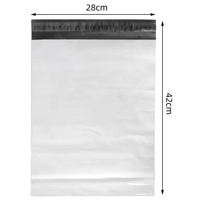 A white bulk waterproof packaging bag with a black top edge, measuring 28cm wide and 42cm high.