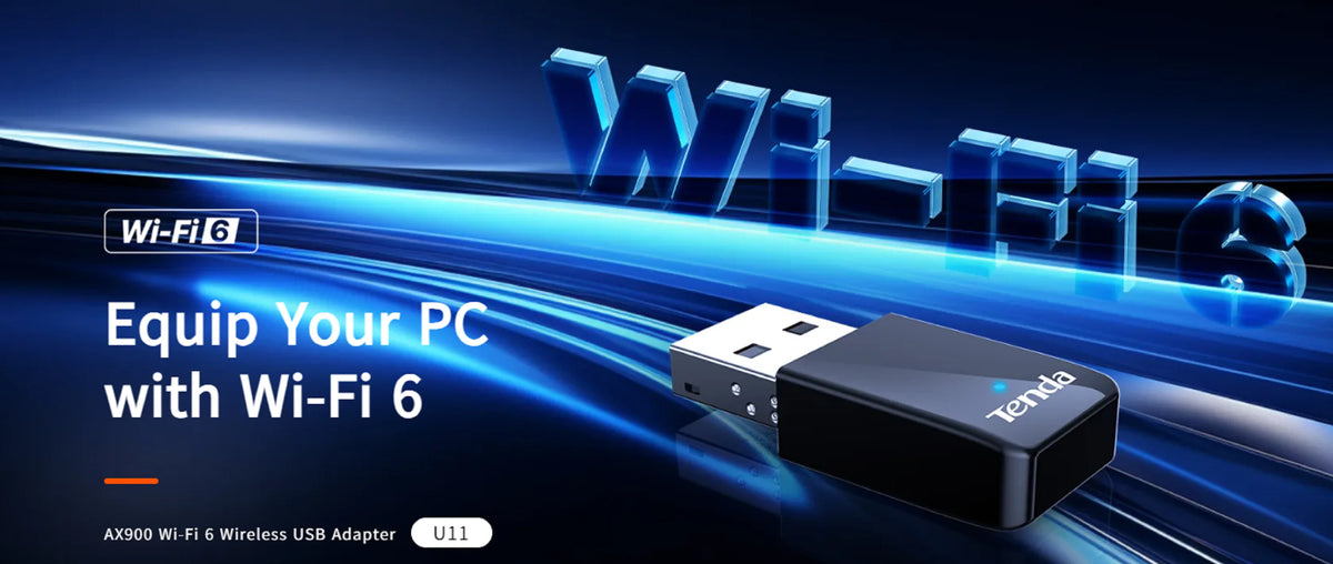 A black Tenda Wi-Fi 6 USB adapter is shown next to a PC, with blue light graphics indicating a Wi-Fi connection.