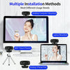 Multiple installation methods shown for a 4K HD web camera including desktop, laptop, and tripod mounting.
