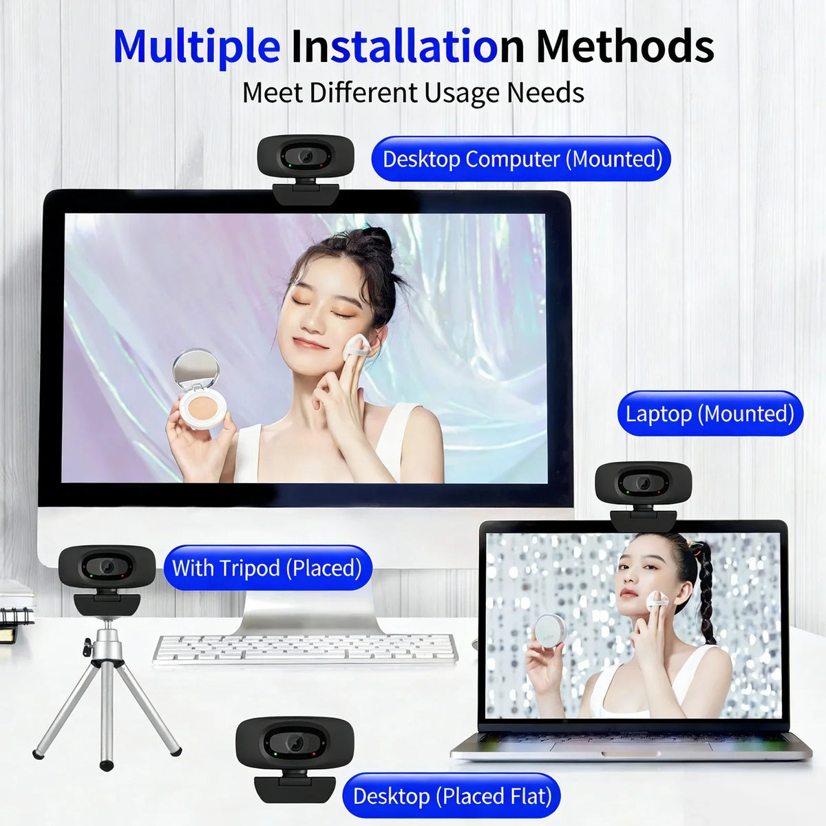 Multiple installation methods shown for a 4K HD web camera including desktop, laptop, and tripod mounting.