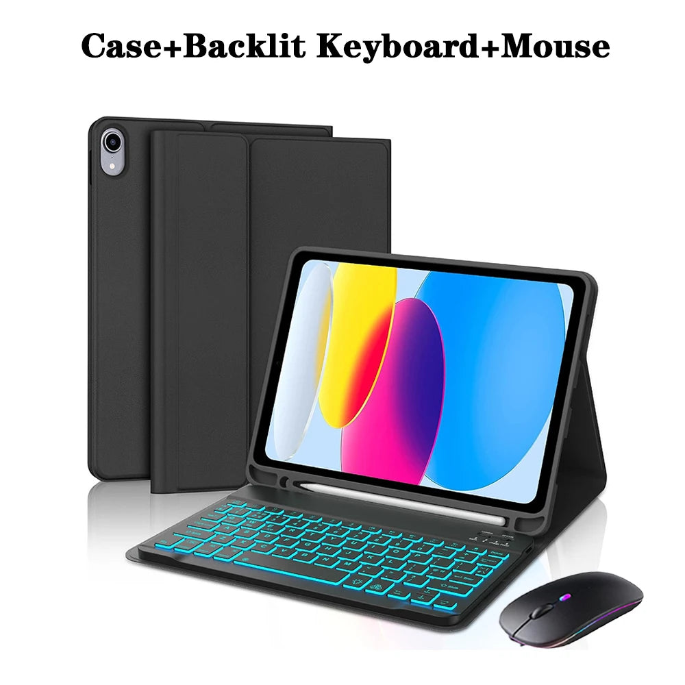 Estuche desmontable negro para teclado de iPad, mostrando el teclado y un mouse.