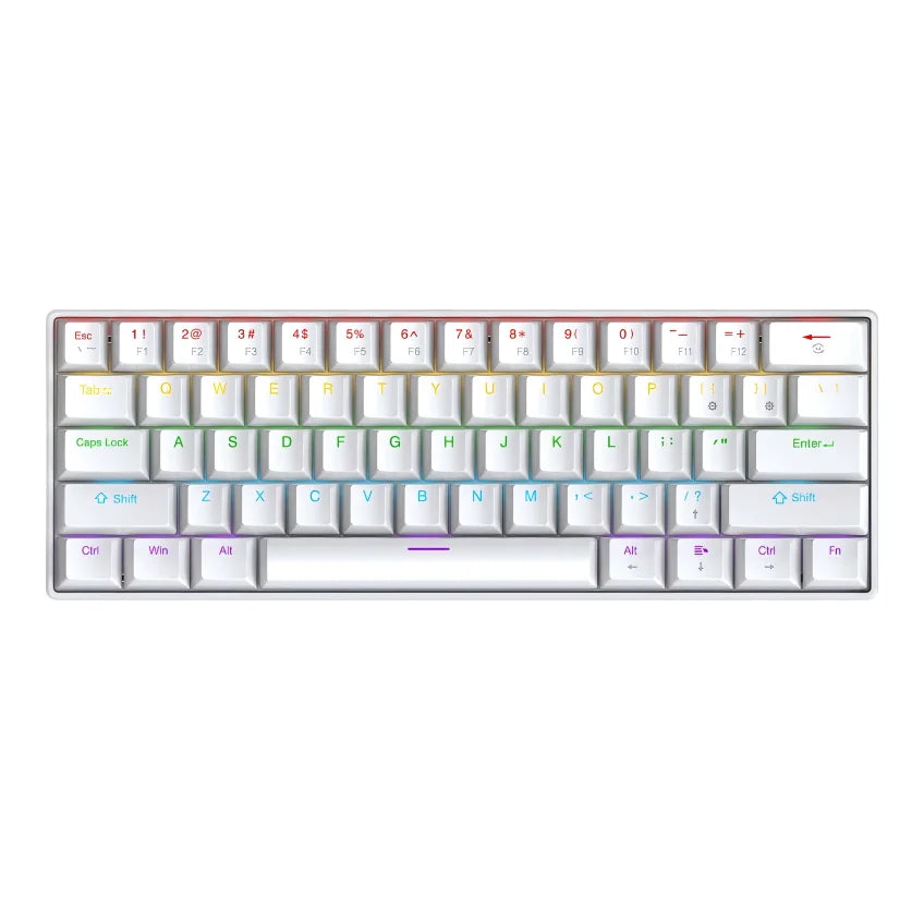 A white portable mechanical keyboard with customizable RGB lighting and various function keys.