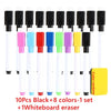 A set of ten dry erase markers in various colors and one whiteboard eraser are displayed side by side.