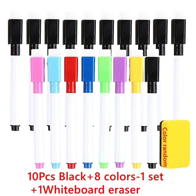 A set of ten dry erase markers in various colors and one whiteboard eraser are displayed side by side.