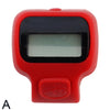 A red thumb tally counter with a black display window and a red base.