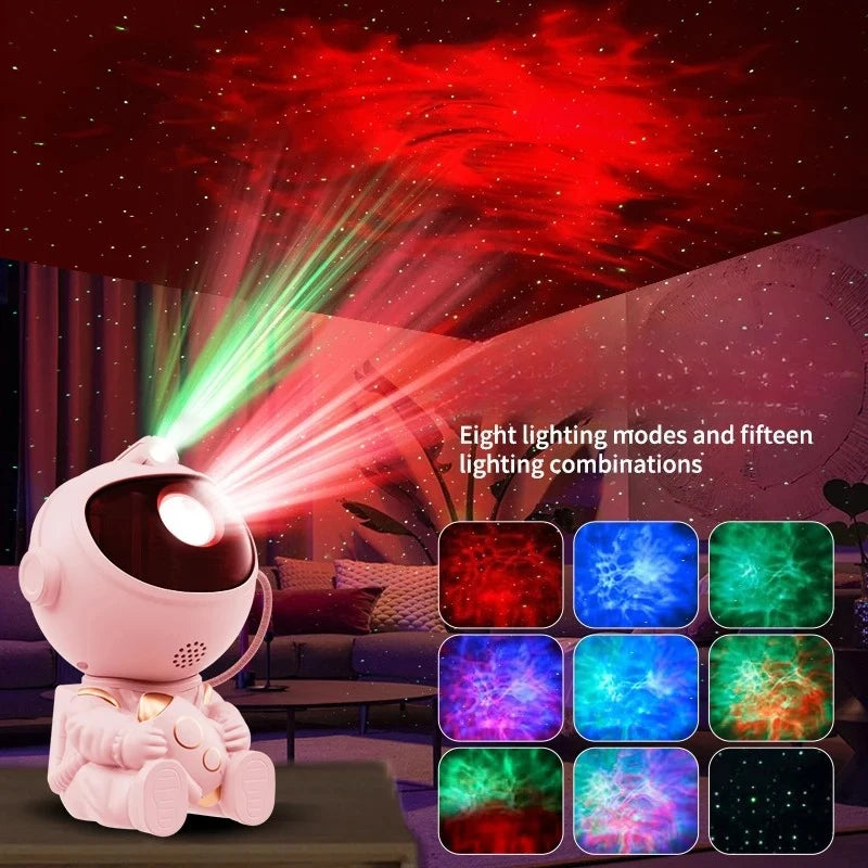 Lampe de poche astronaute rose projetant des faisceaux de lumière rouge et verte dans une pièce.