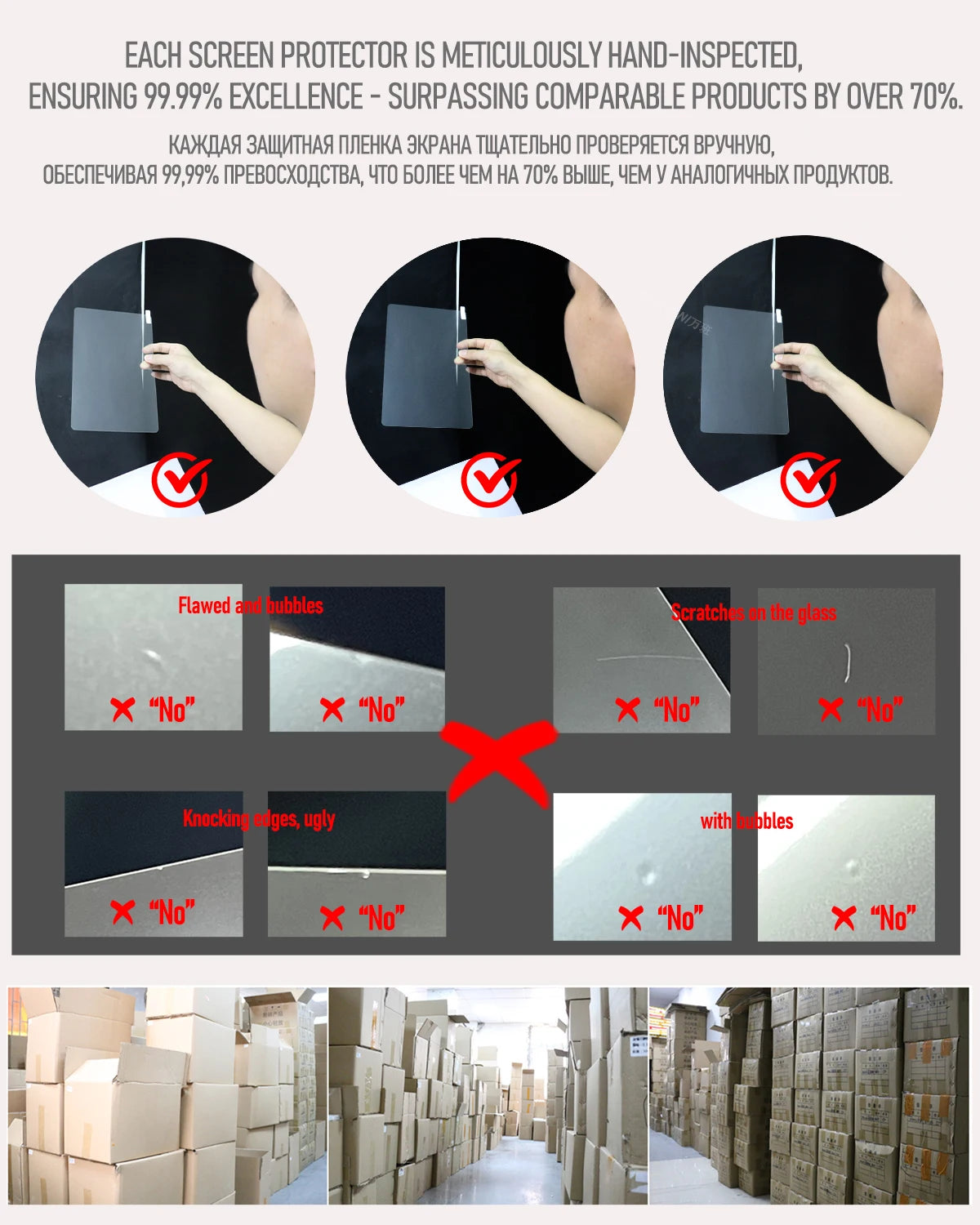 Three screens protectors are shown being hand-inspected for quality and excellence.