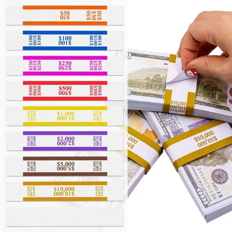 A collection of self-sealing money straps in various colors and denominations, alongside stacks of US currency.