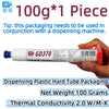 A tube of GD370 thermal grease paste with a label showing 2.0 W/mK and packaging information.