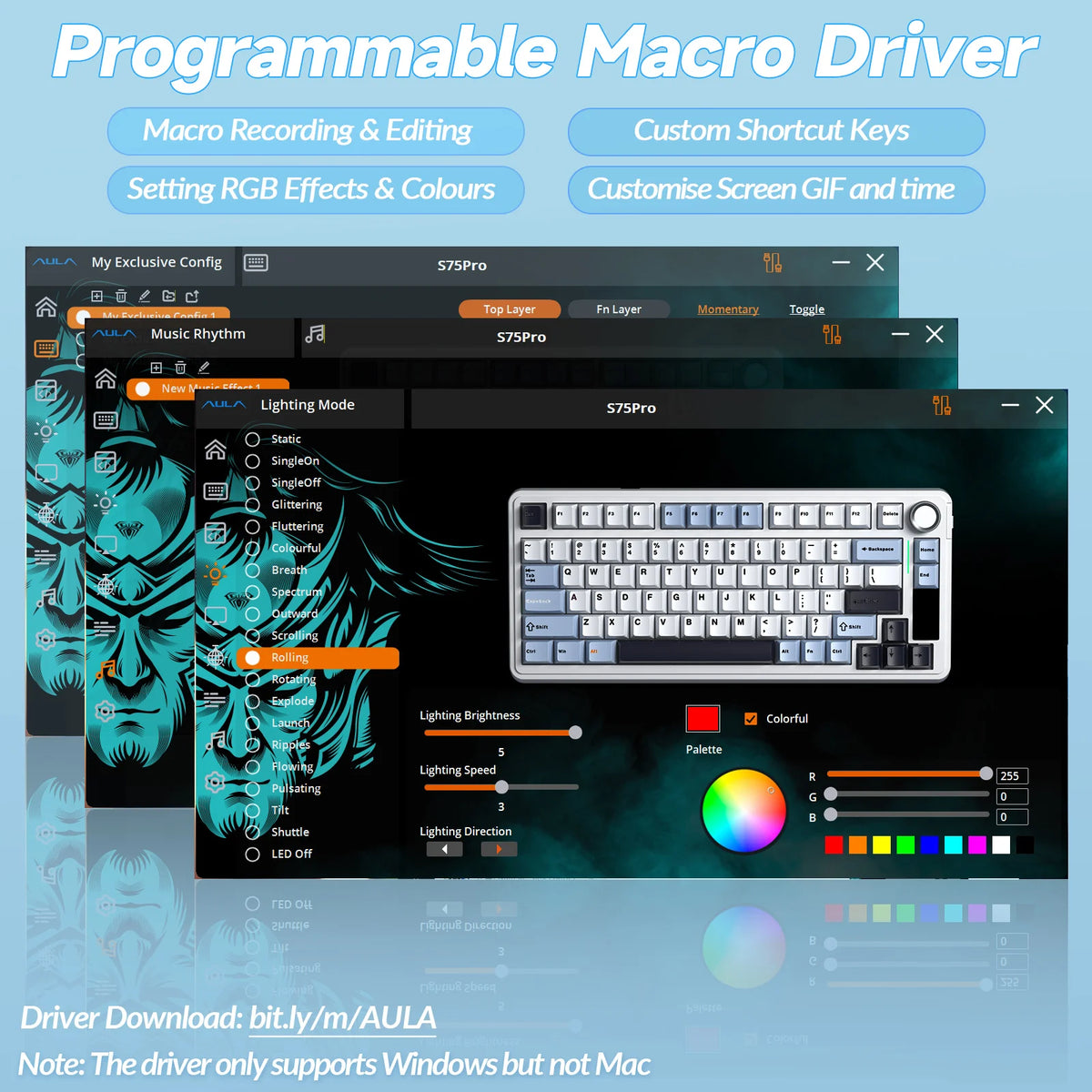 Software interface showing a Programmable Macro Driver for an S75Pro keyboard with lighting and shortcut settings