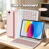 Pink case and keyboard set for an iPad shown on a wooden table.