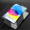 Protector de pantalla de vidrio templado transparente para iPad, mostrando diseños degradados coloridos en la pantalla.