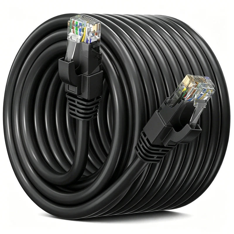 A black, coiled High-Speed Cat 6 Ethernet Network Cable with RJ45 connectors.