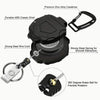 A black retractable badge clip featuring a durable ABS shell, a zinc alloy carabiner, and a 360-degree brass ball for flexibl