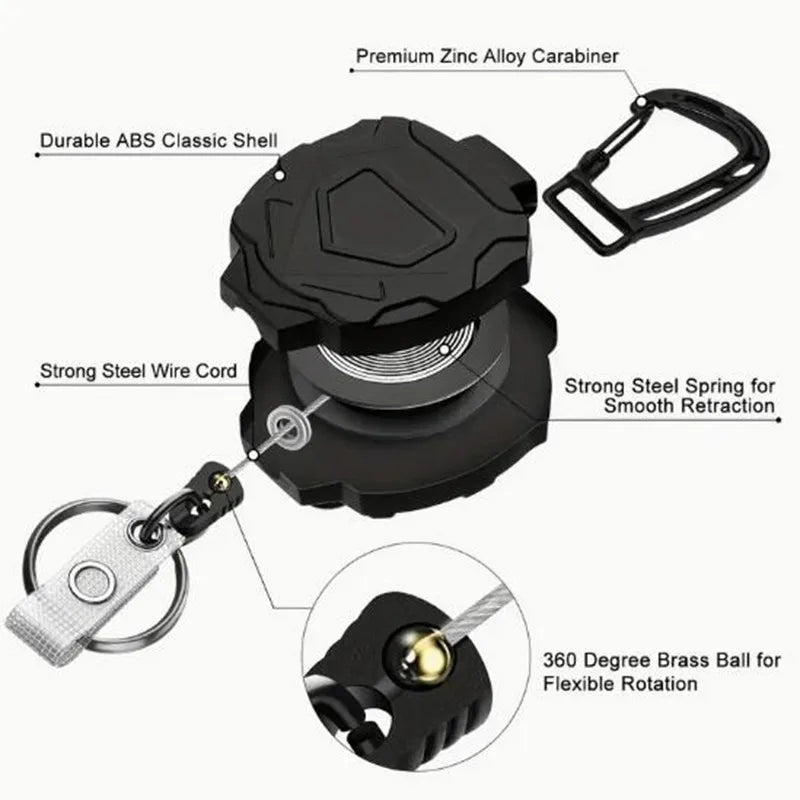 A black retractable badge clip featuring a durable ABS shell, a zinc alloy carabiner, and a 360-degree brass ball for flexibl