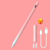 A pink precision active stylus pen is shown diagonally against a pink background with accessories like a charging cable and t